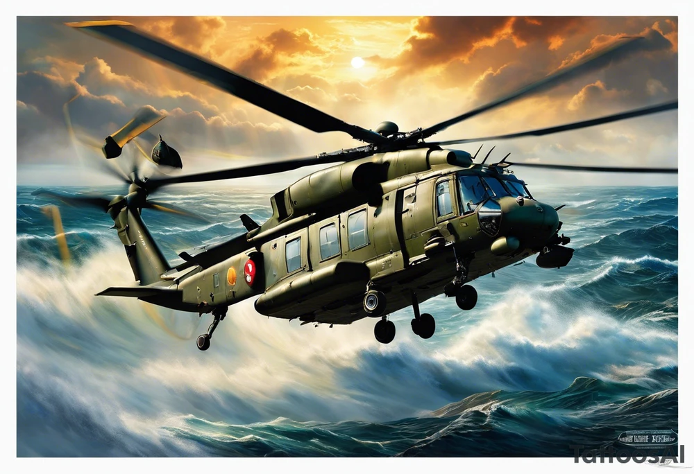 A cinematic-style tattoo depicting a Canadian military CH-148 Cyclone helicopter performing a daring maneuver over a turbulent ocean. The sky should be filled with dramatic clouds, and the sun should be setting, casting long shadows. The helicopter should be the main focus, with intricate details and a sense of motion. In the background, a poppy should be prominently displayed, and a quote from 'Lest We Forget' should be included, black and white tattoo tattoo idea