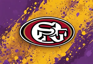 san Francisco 49er logo with Kobe Bryant mamba logo in purple and yellow a little hidden under the San Francisco logo with paint splatter of both team colors lightly behind each logo tattoo idea