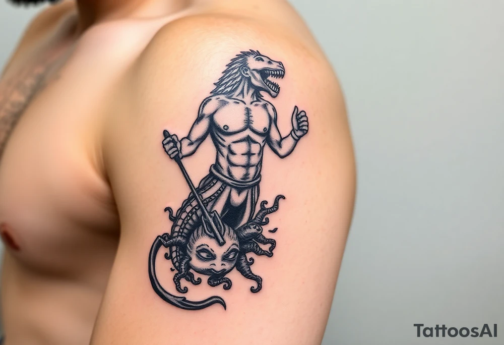 Arm tattoo with a young poseidon showing torso with the trident and lower down sea creatures swirling around him tattoo idea