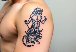 Arm tattoo with a young poseidon showing torso with the trident and lower down sea creatures swirling around him tattoo idea