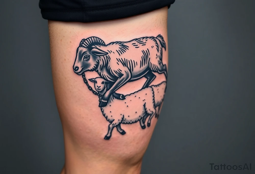 Black sheep with muscles breaking out of chains 
Calf tattoos walking over white sheep tattoo idea