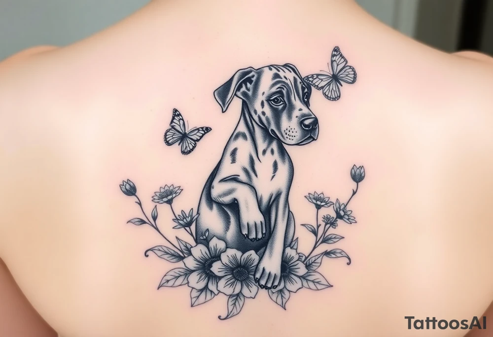 Small tattoo of Great Dane puppy playing in flowers and chasing a butterfly. tattoo idea