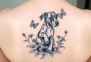 Small tattoo of Great Dane puppy playing in flowers and chasing a butterfly. tattoo idea