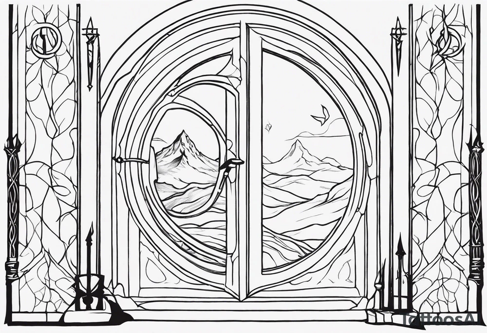 Lord of the rings and Harry Potter movie mashup. Small and simple. Not too much artistic detail. Hobbit door hole, wands, elvish writing, deathly hallows tattoo idea