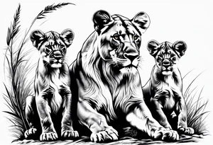 Lioness on her hind legs
 protecting her two cubs tattoo idea
