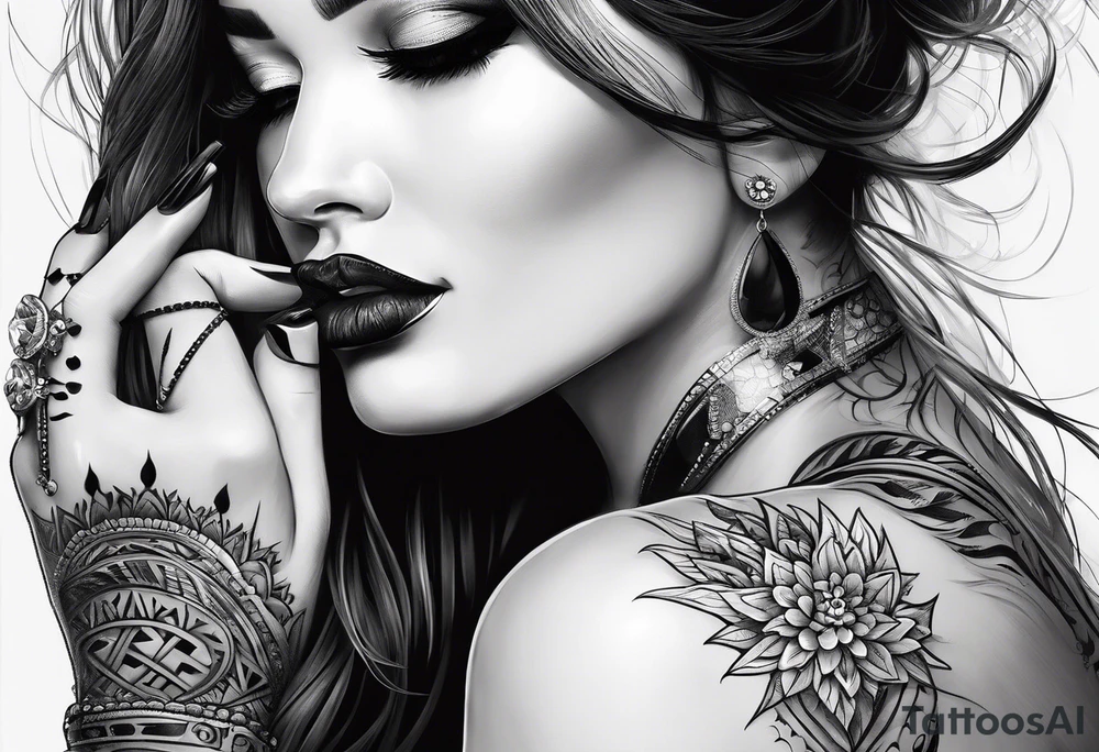 Women’s fingers with nails are on the half of ger face tattoo idea