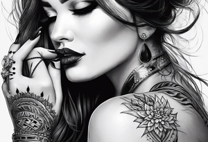 Women’s fingers with nails are on the half of ger face tattoo idea