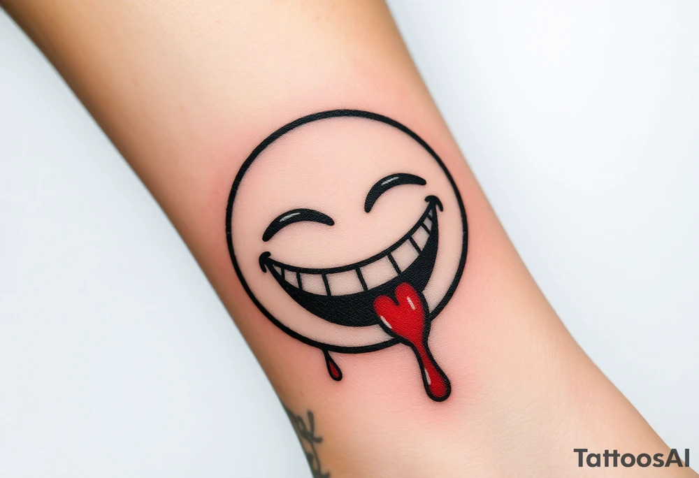 Laughing emoji with realistic stitching on its face leaking blood tattoo idea