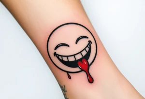Laughing emoji with realistic stitching on its face leaking blood tattoo idea