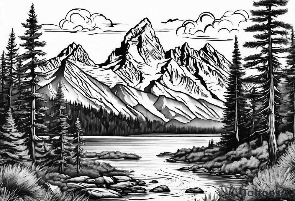 Half sleeve of Teton mountain range with trees lining the bottom of tattoo tattoo idea
