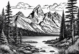 Half sleeve of Teton mountain range with trees lining the bottom of tattoo tattoo idea