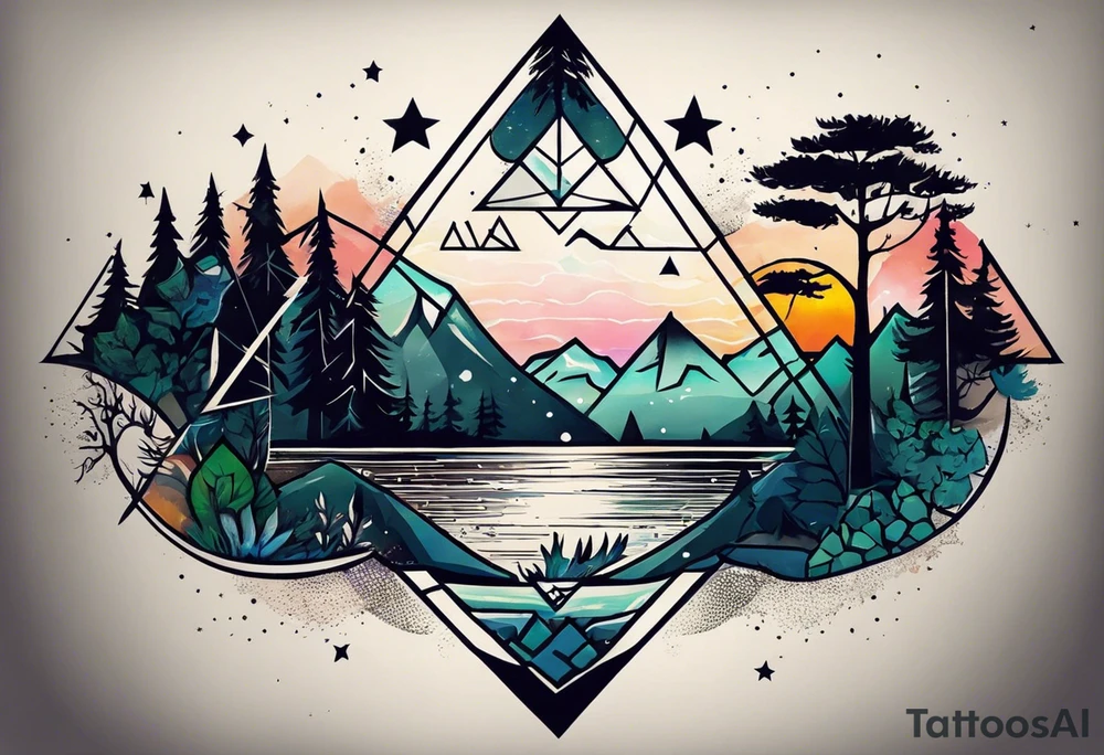 Create a sleeve tattoo from shoulder to wrist. The design should include space, stars, forest, sunset, mountains, cliffs, waterfall, water, ocean, wild animals (bear, wolves, elephant), and inserts of triangles and geometric figures. I have two children – a son, Sergei (the eldest), and a daughter, Anna, who live with me and my wife. But I also have another daughter, Marianna, whom I haven't seen for a long time and eagerly await to meet. The tattoo should symbolize love and protection for my children and family, the desire to secure their future, and confidence in tomorrow. It should reflect the notion of not looking back, but always moving forward and achieving goals! tattoo idea