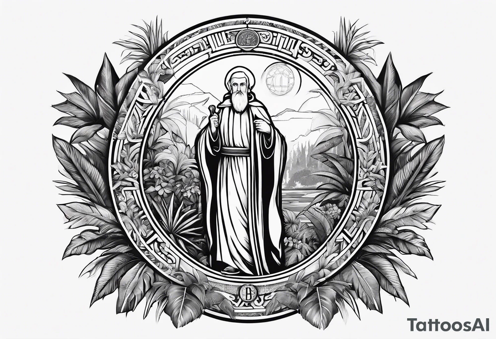 the medal of saint benedict with jungle plants surrounding it tattoo idea