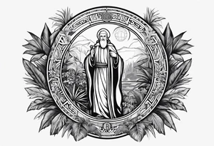 the medal of saint benedict with jungle plants surrounding it tattoo idea