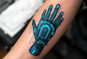 A futuristic robotic glove illusion in matte black and cobalt blue, with neon green circuit tracings. tattoo idea