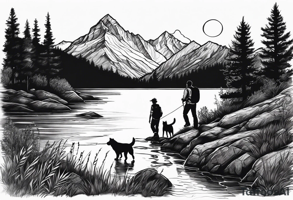 nature, sunset, mountains, a father and son hiking with their dog and cat by the water tattoo idea