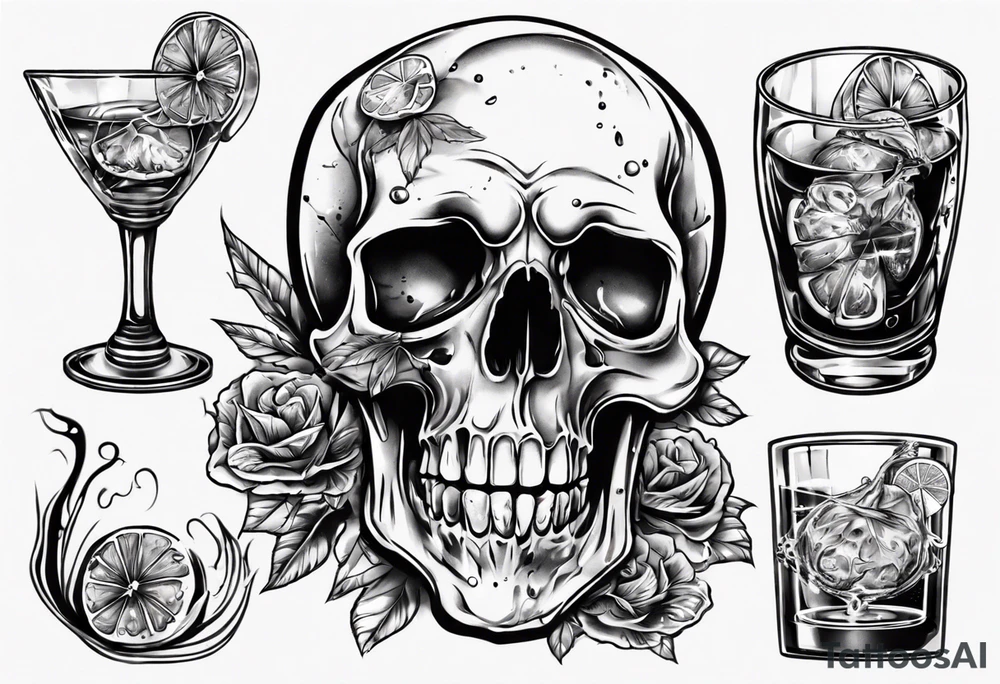 A scull in the glass with alcohol and piece of lime tattoo idea