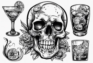 A scull in the glass with alcohol and piece of lime tattoo idea