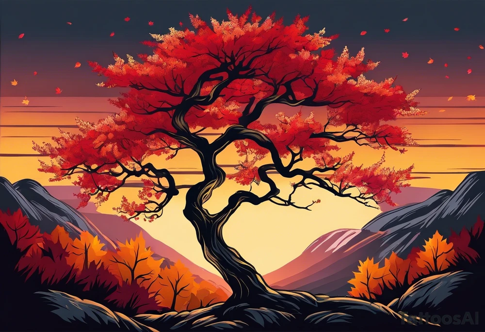 Full arm sleeve hikae. A maple tree with red autumn leaves that branches upwards. White-throated dipper bird on the trees branches. Calluna flowers at the base of the trees stem. Tree stem has dark colors. Red/yellow sunset behind the trees stem. Leaves falling. tattoo idea