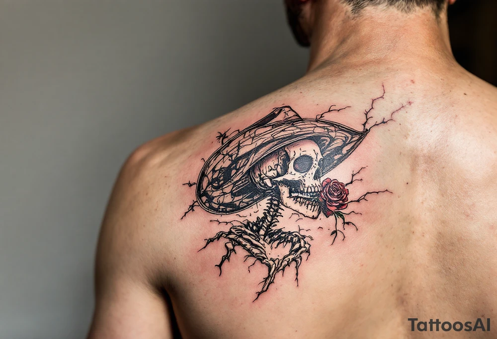skeleton cowboy with rose in teeth tattoo idea