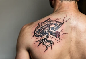 skeleton cowboy with rose in teeth tattoo idea