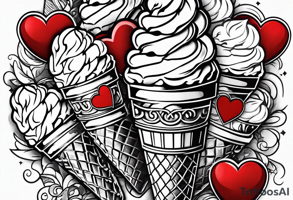 black and white ice cream cone with small red heart on it somewhere. tattoo idea