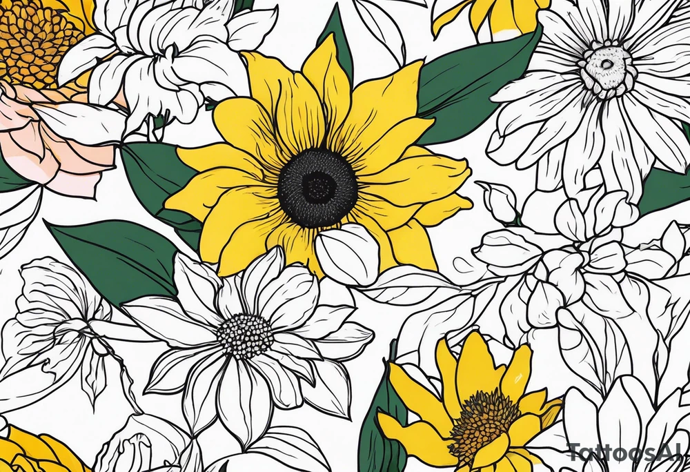 Sunflower daffodil, daisy, rose Adler, chrysanthemum, holly tattoo idea