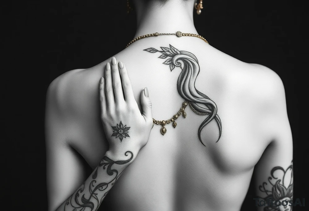 Based on that statue, modify it as if it were praying, with tattoos/damaged statue, with gold necklaces, jewelry, criminal, black and white tattoo style, arm, more feminine. tattoo idea