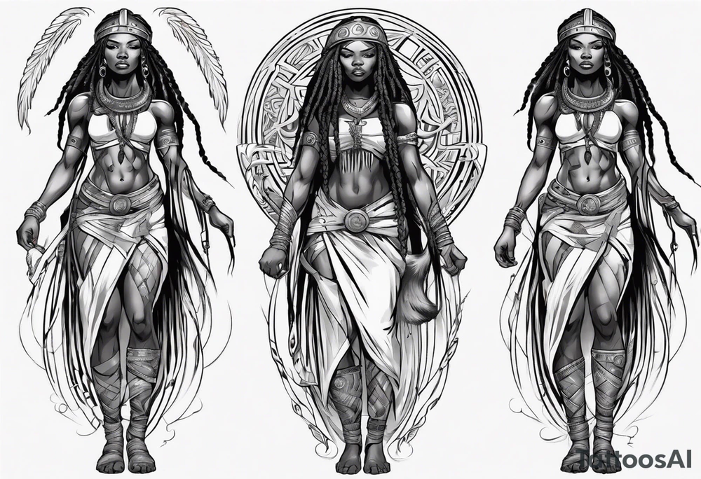 African female Viking warrior full body angelic
slim long face long braided hair descending from heaven tattoo idea
