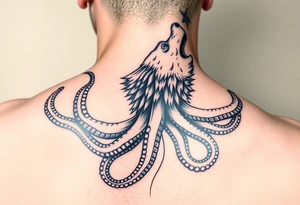 A surreal wolf octopus howling tattoo idea