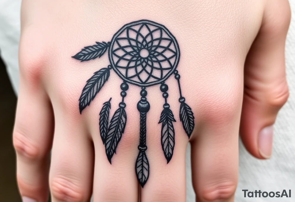 native dreamcatcher with flowing feathers and sacred beads tattoo idea