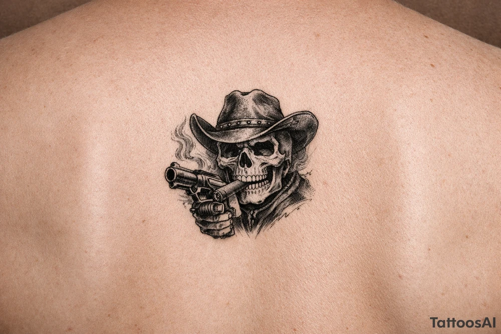 skull with cowboy-hat,a big cigar in his mouth and a gun in a hand. tattoo idea