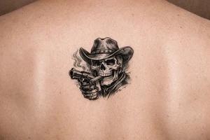 skull with cowboy-hat,a big cigar in his mouth and a gun in a hand. tattoo idea