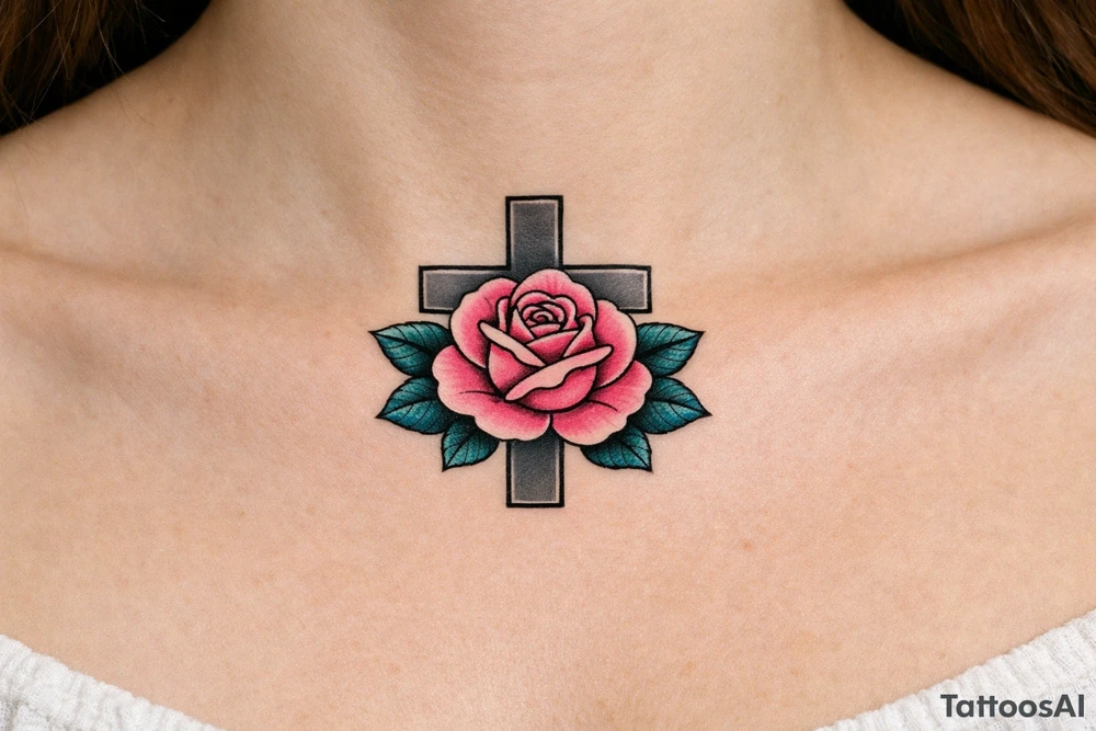 Pink rose , petrol leaves no stem, 
 cross behind it, cross is grey, cross is solid and has straight lines tattoo idea