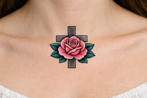 Pink rose , petrol leaves no stem, 
 cross behind it, cross is grey, cross is solid and has straight lines tattoo idea