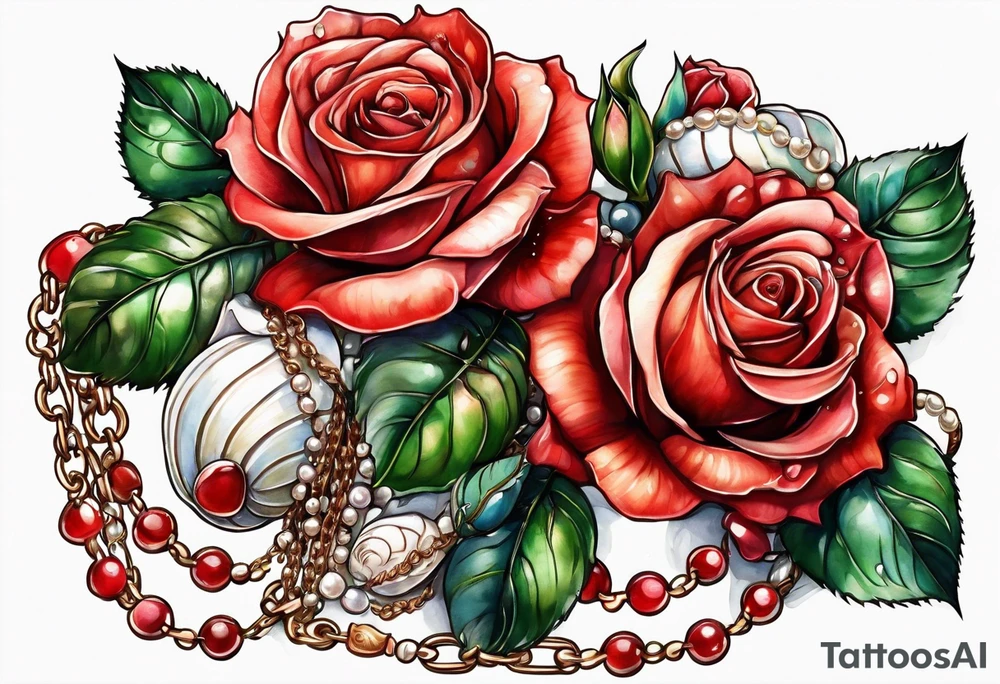 Red roses with a chain made of pearls and seashells tattoo idea