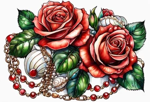 Red roses with a chain made of pearls and seashells tattoo idea