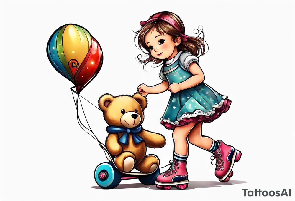 a little girl in a dress standing with a teddy bear in roller skates, flying a kite tattoo idea