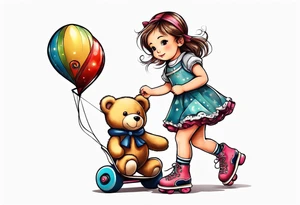 a little girl in a dress standing with a teddy bear in roller skates, flying a kite tattoo idea