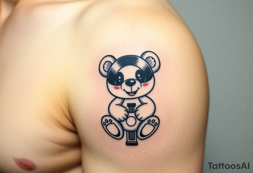 minimalist teddy bear with vinyl records as eyes smiling and sitting on a record tattoo idea