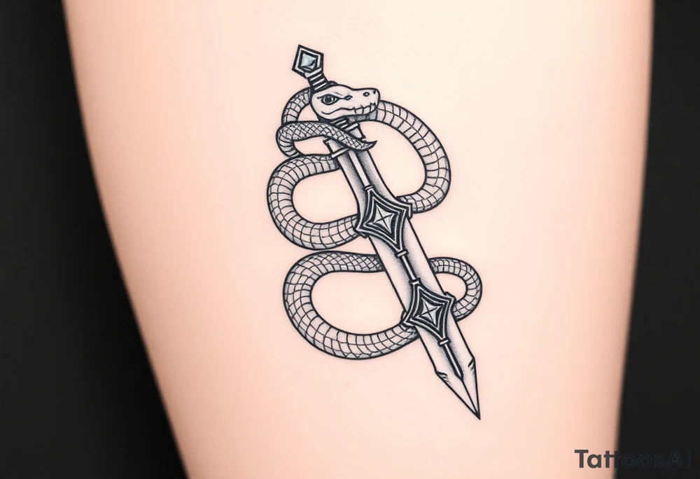 mystical snake coiled around an ancient dagger with jeweled hilt tattoo idea