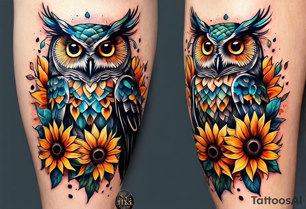Leg sleeve with colorful sunflowers and an owl tattoo idea