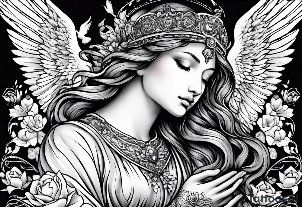 Praying angel with doves full sleeve tattoo idea