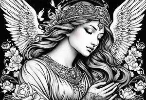Praying angel with doves full sleeve tattoo idea