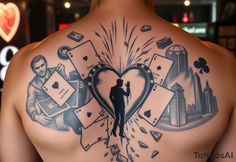 cyberpunk storytelling tattoo for full back, futuristic city casino scene, broken man surrounded by holographic poker cards, shattered heart, falling money, ghost silhouette of a lost lover, neon lights, dramatic lighting, ultra detailed futuristic tattoo design tattoo idea