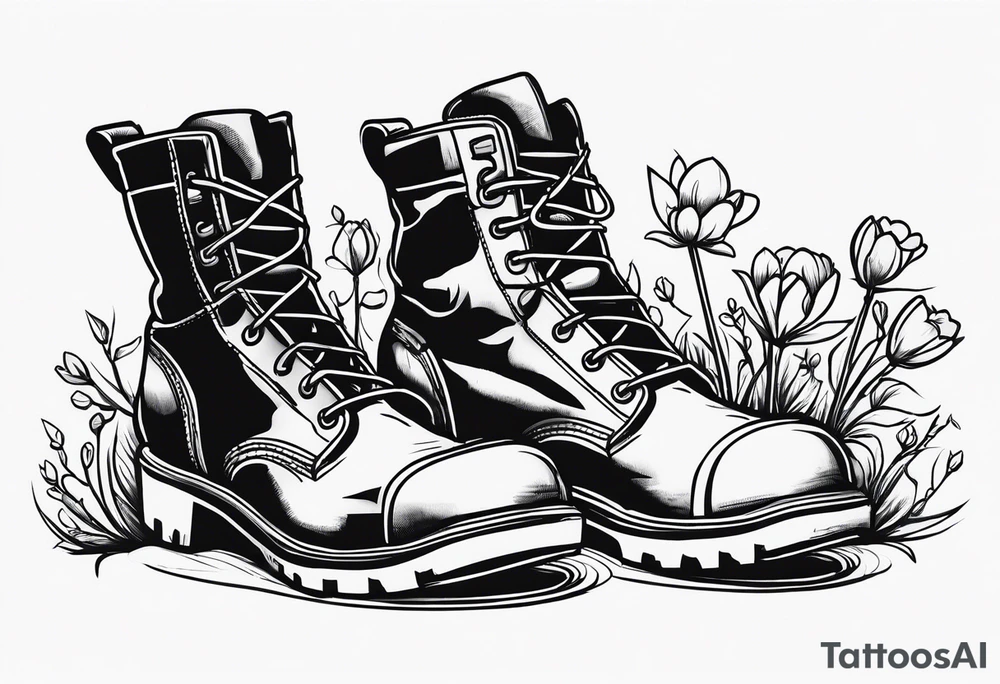 dads work boots sitting with tools and a beer behind or near it and flowers growing out of the boots. tattoo idea
