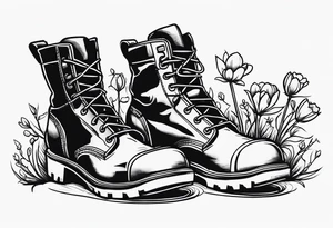 dads work boots sitting with tools and a beer behind or near it and flowers growing out of the boots. tattoo idea