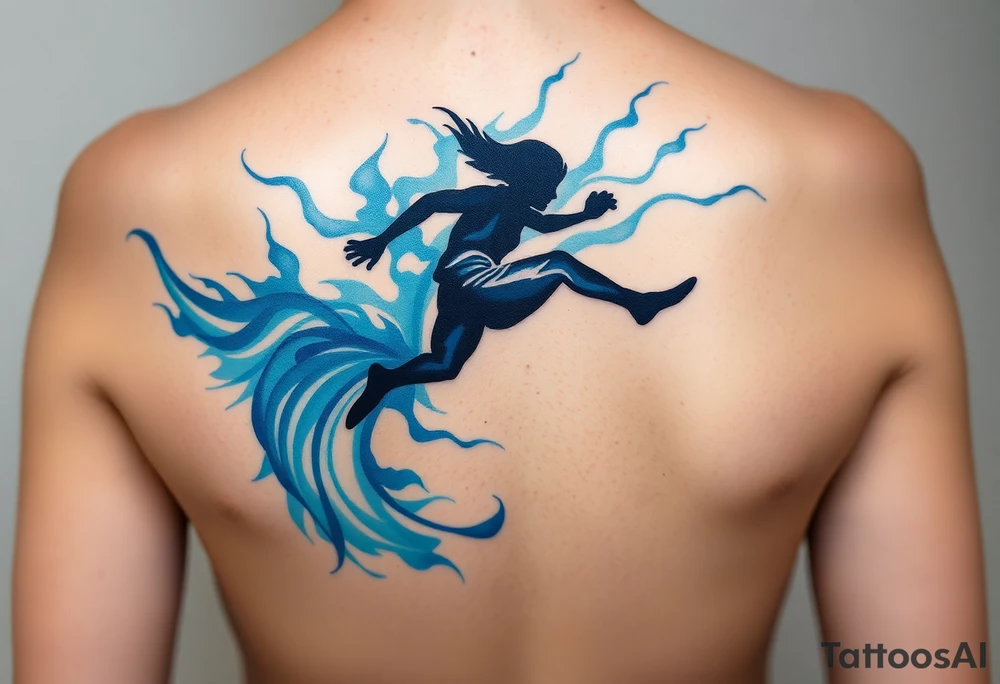 A dynamic silhouette of Chase in mid-leap, surrounded by blue energy lines, creating a sense of speed. tattoo idea