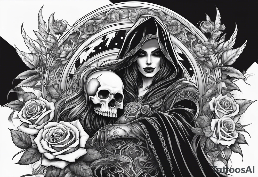 Lady death grim reaper with angel wings, scythe and skulls and roses tattoo idea