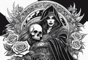 Lady death grim reaper with angel wings, scythe and skulls and roses tattoo idea